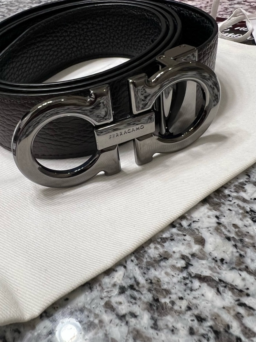 Salvatore Ferragamo Reversible Black/Brown Leather Double Gancini Belt Size 110